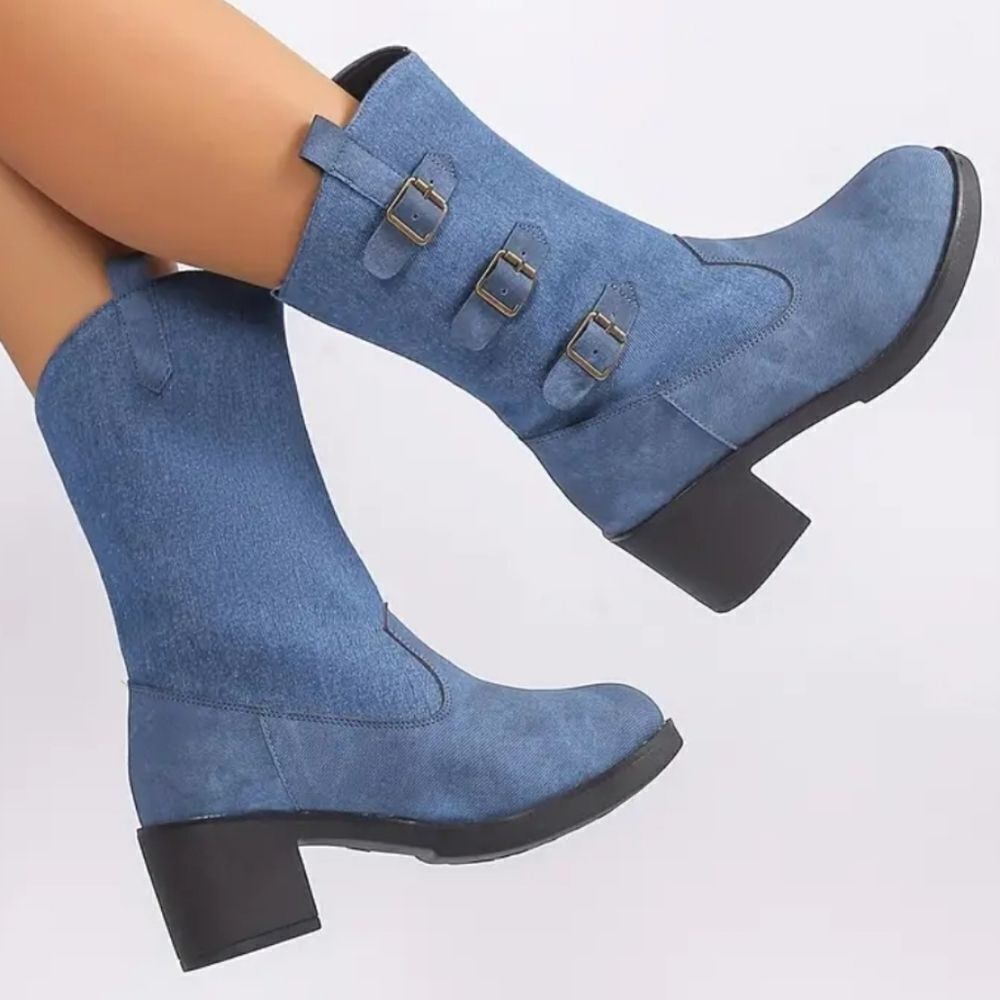 Ladies Denim Blue Chunky Heel Boots Sz 7.5